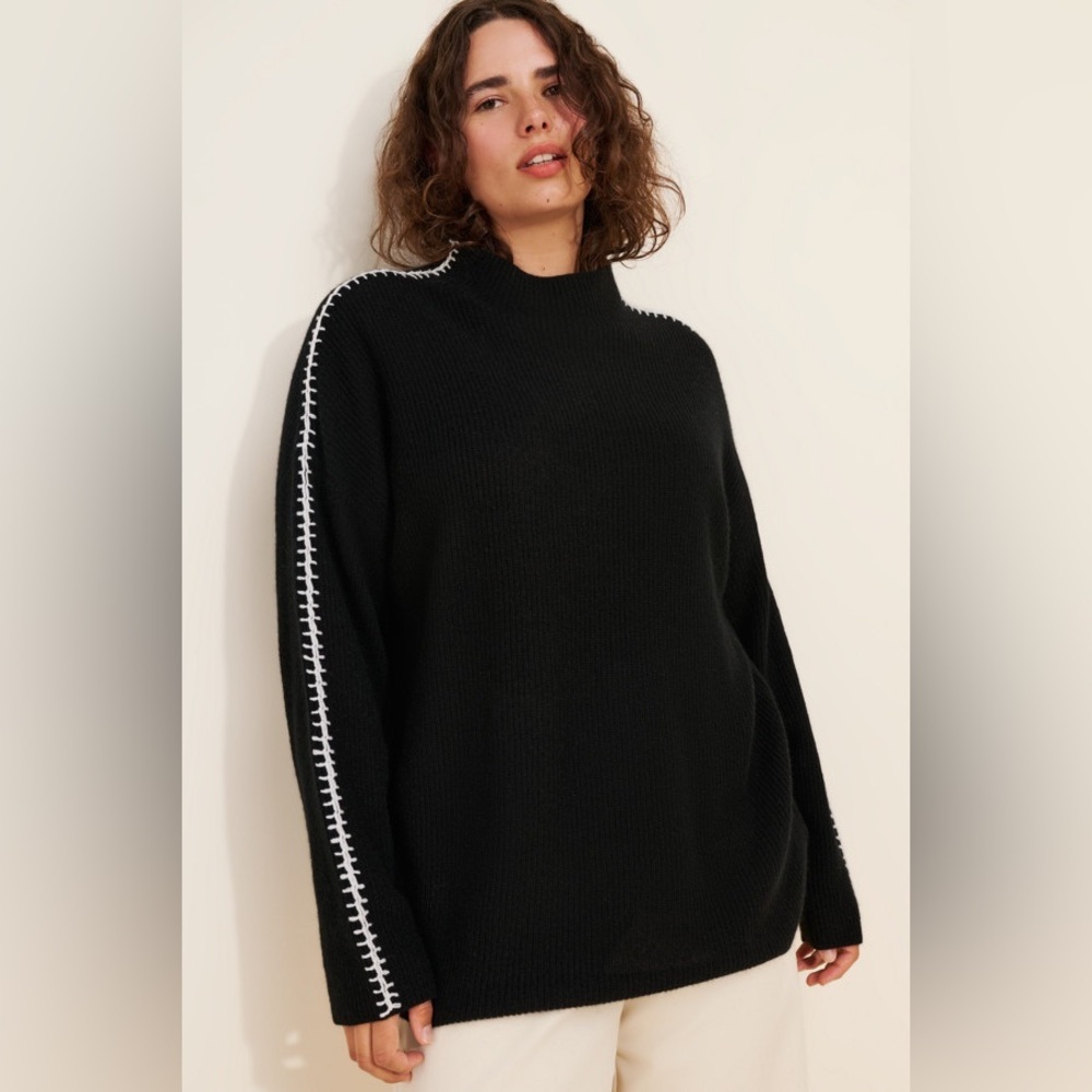 3x Nouveaux Mock Neck Whipstitch Cashmere Sweater Black White Contrast Flaw Urbn